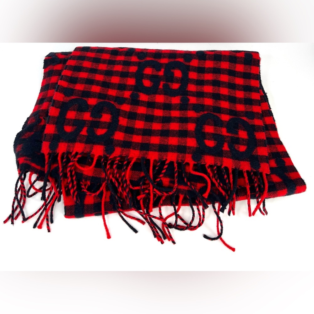 Gucci 644365 Red Blue Wool Jacquard Check GG Diamcheck Logo UNISEX Fringe Scarf - Picture 7 of 12